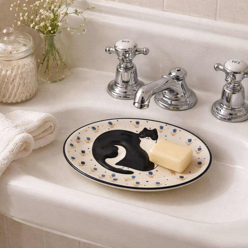 Warren Kimble Oval Ceramic Cat Soap Dish - American Primitive Farmhouse